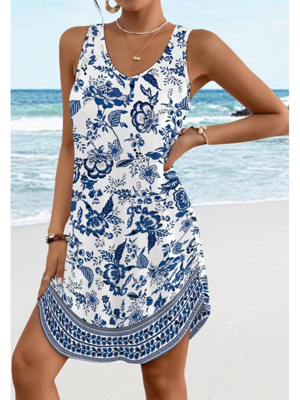 Women's Summer Dress Ethnic V Neck Sleeveless Dress Sundresses Swimsuit Coverup - Picture 2 of 5